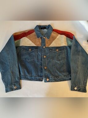 Forever 21 Colorblock Denim Trucker Jacket - Blue with Red, Tan & Cream Panels